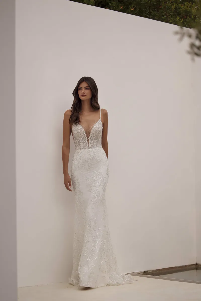 robe de mariée sirène fines bretelles à paillettes minelli milla nova marseille